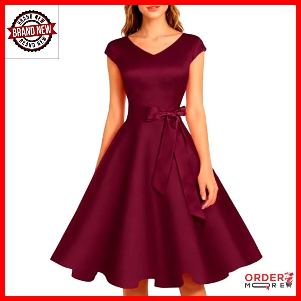 Vintage V-Neck Cocktail Dress with Pockets, Short Sleeves, Detachable Belt - Picture 2 of 6